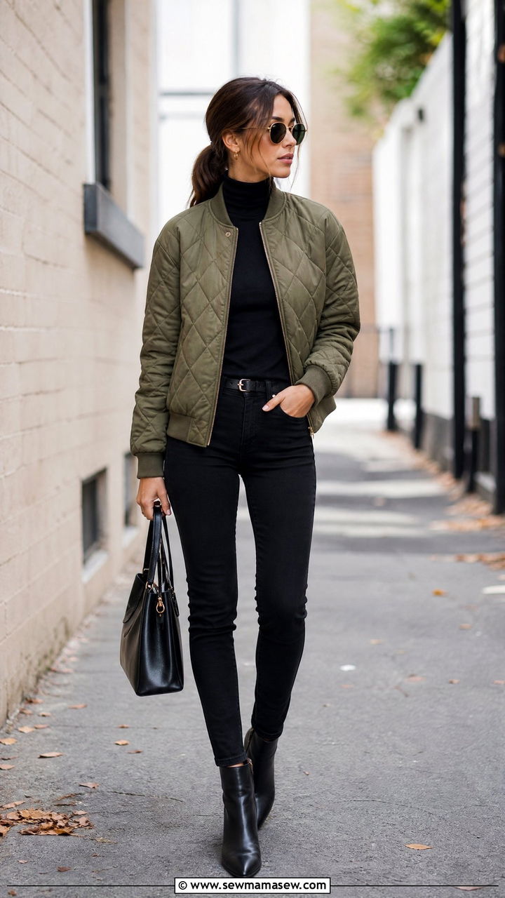 Quilted Bomber Jacket With Turtleneck And Dark Denim - 25 how to style bomber jacket