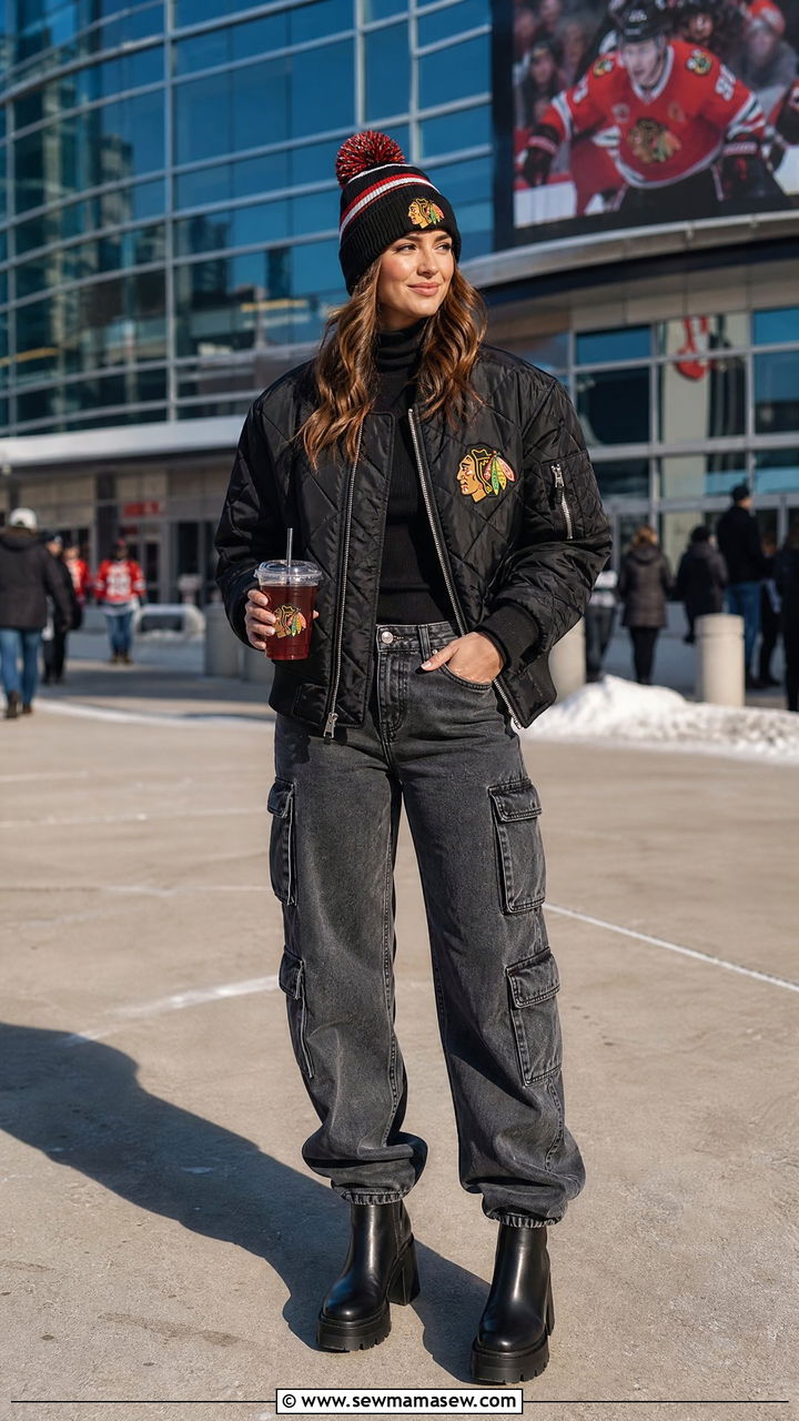 Quilted Bomber Jacket with Cargo Jeans and Beanie - 25 Hockey game outfit ideas