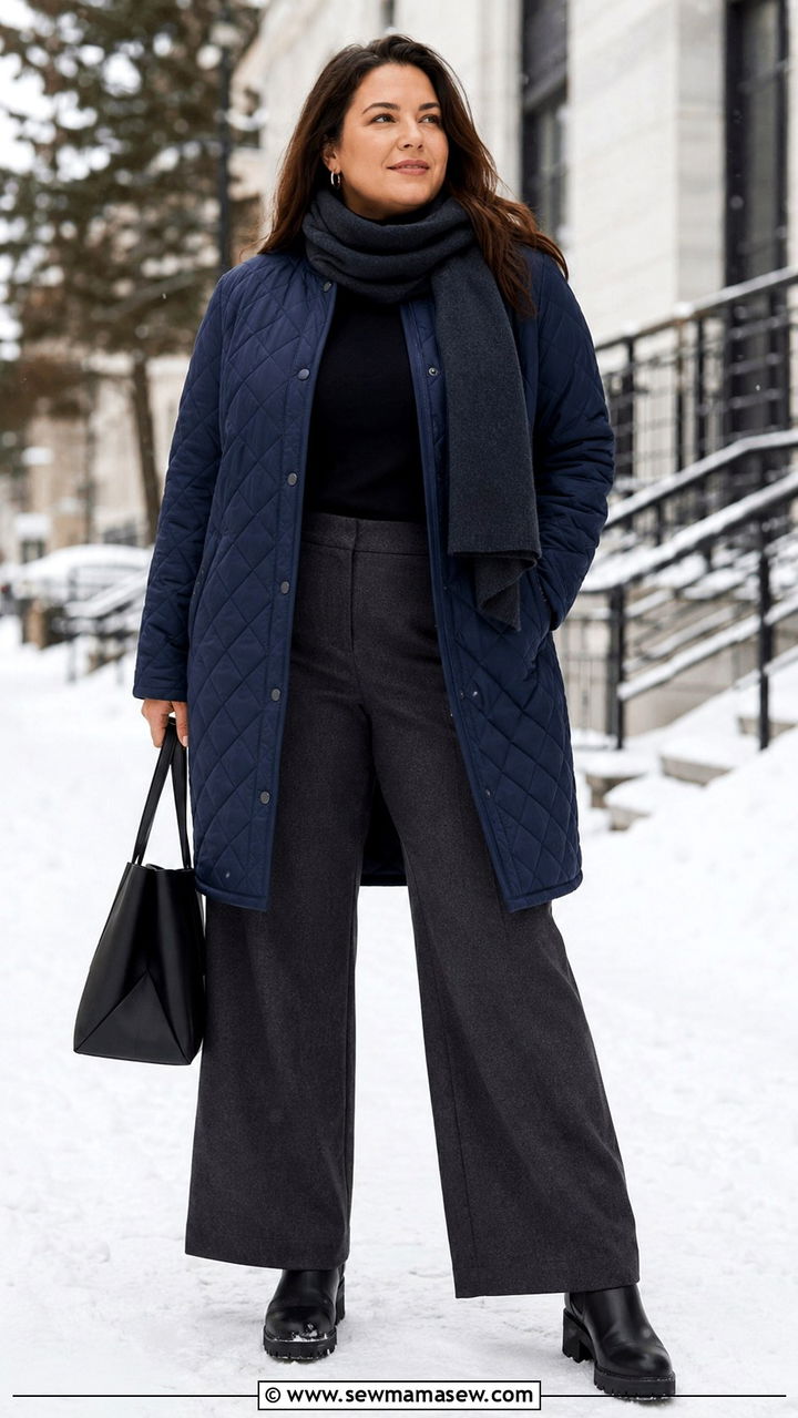 Quilted Coat And Wool Blend Wide Leg Trousers - 30 Minimalist outfits for curvy women