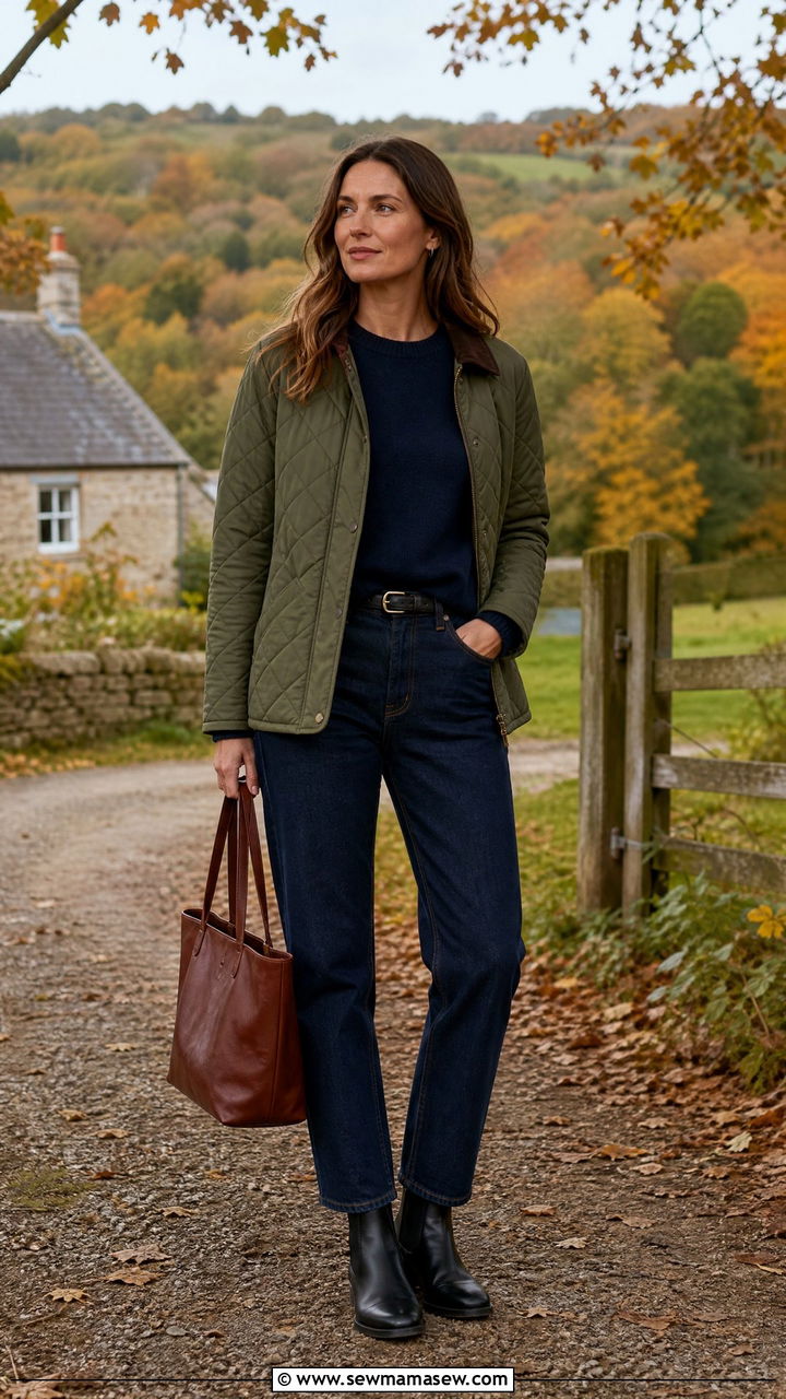 Quilted Coat Over Crewneck Sweater and Straight Leg Jeans With Chelsea Boots - 40 summer to fall outfits