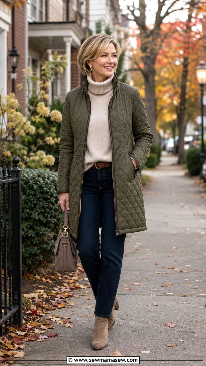 Quilted Coat with Straight Leg Jeans and Suede Ankle Boots - 20 Quiet luxury outfit ideas for women over 50