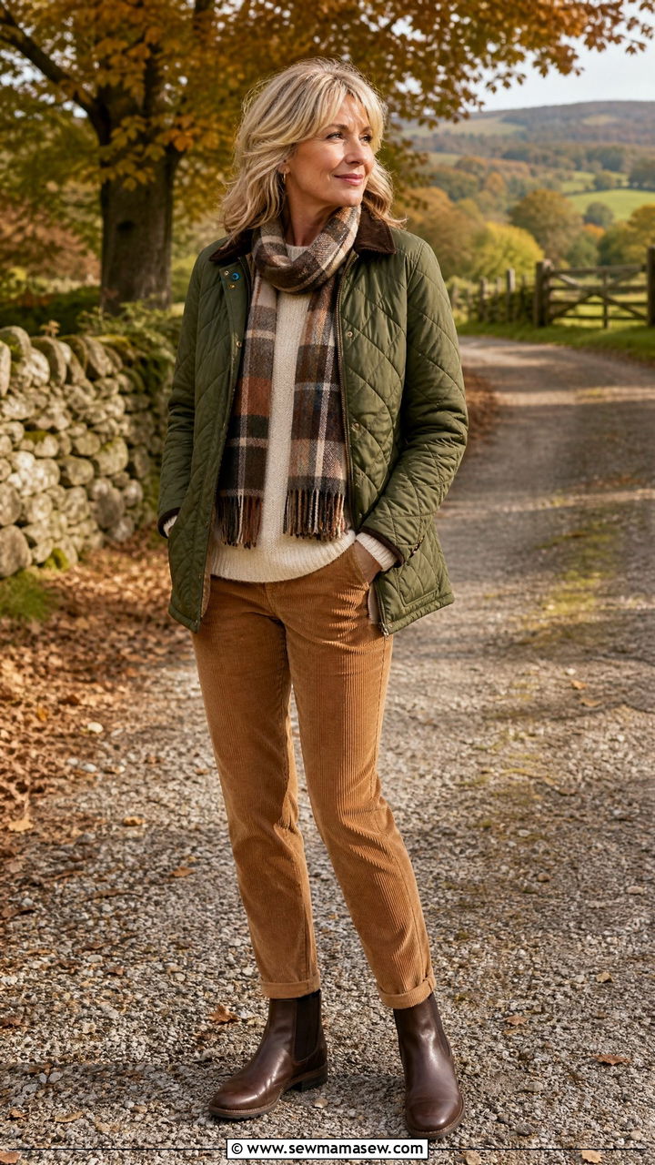 Quilted Field Jacket Corduroy Pants and Chelsea Boots - 25 Preppy outfits for women over 40