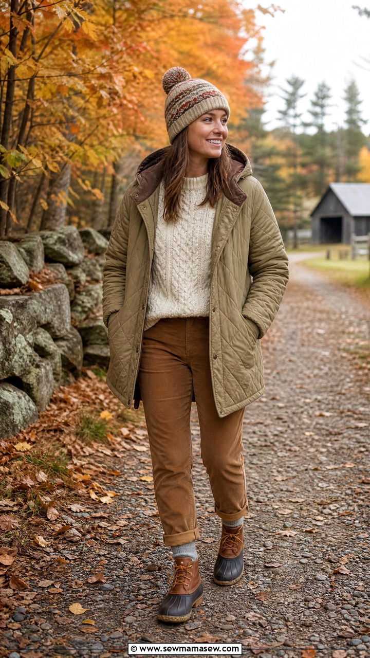 Quilted Hooded Barn Coat With Corduroy Pants And Duck Boots - 35 Hooded coat outfit ideas