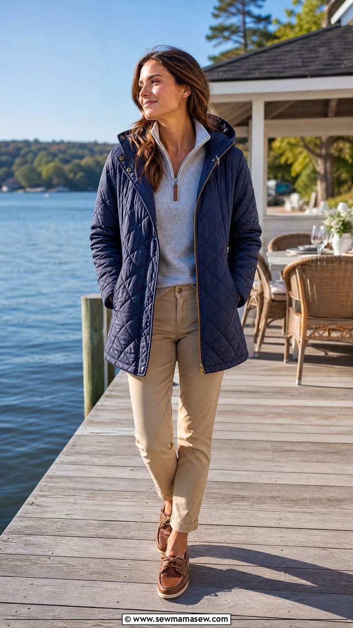 Quilted Hooded Coat Over A Quarter Zip Sweater With Chinos And Boat Shoes - 35 Hooded coat outfit ideas