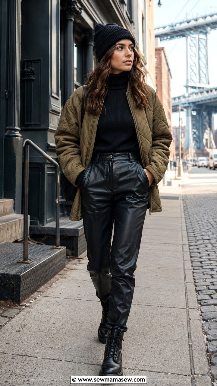 Quilted Jacket And Faux Leather Pants - 25 7 day travel capsule outfits
