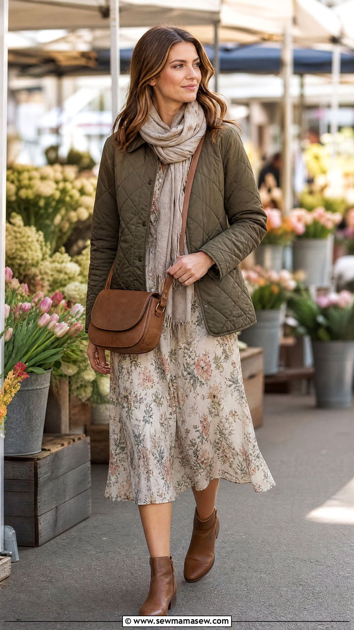 Quilted Jacket And Floral Midi Dress Outfit - 40 Spring farmers market outfits