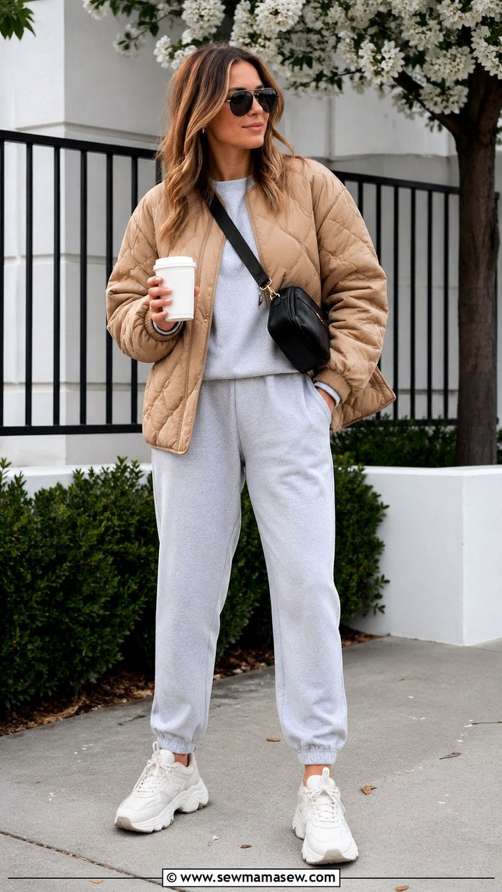 Quilted Jacket And Joggers With Chunky Sneakers - 40 spring outfits for moms