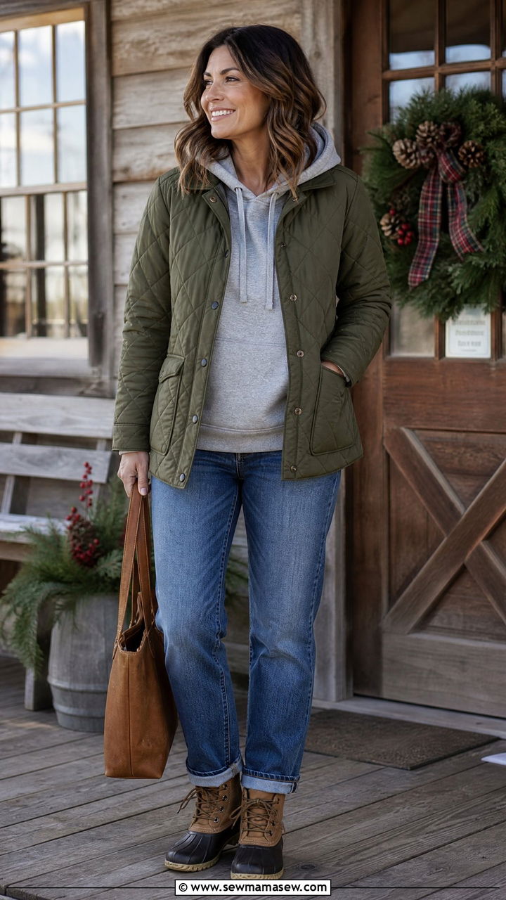 Quilted Jacket Over A Hoodie With Straight Leg Jeans And Duck Boots - 35 Midsize capsule wardrobe
