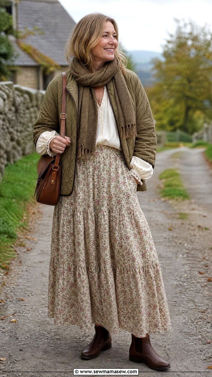 Quilted Jacket Over Prairie Skirt And Blouse - 30 cottagecore outfit ideas for women over 40