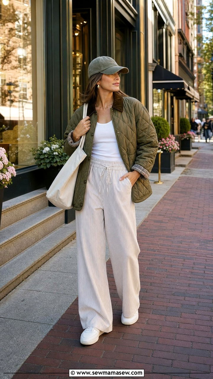 Quilted Jacket Striped Wide Leg Pants Outfit - 35 Boston outfit ideas