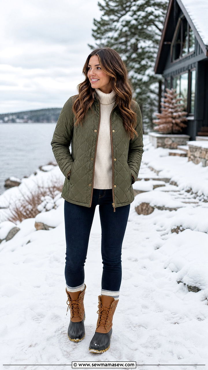 Quilted Jacket Sweater Duck Boots Lake House Outfit - 35 Lake house outfit ideas