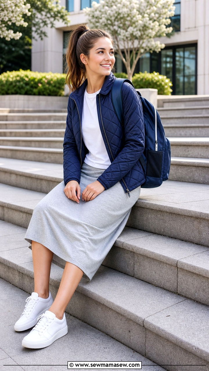 Quilted Jacket With A Jersey Skirt And Sneakers - 40 back to school outfit ideas