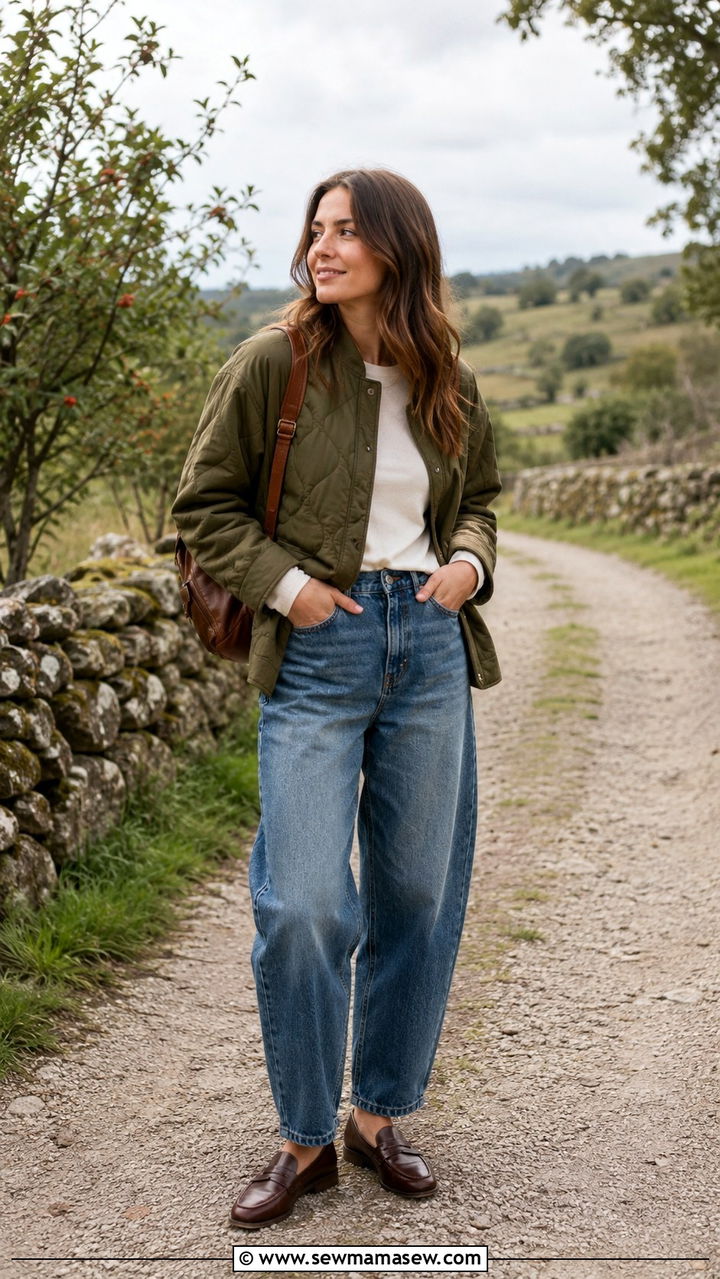 Quilted Jacket With Barrel Jeans And Loafers - 25 Barrel jeans outfit ideas with loafers