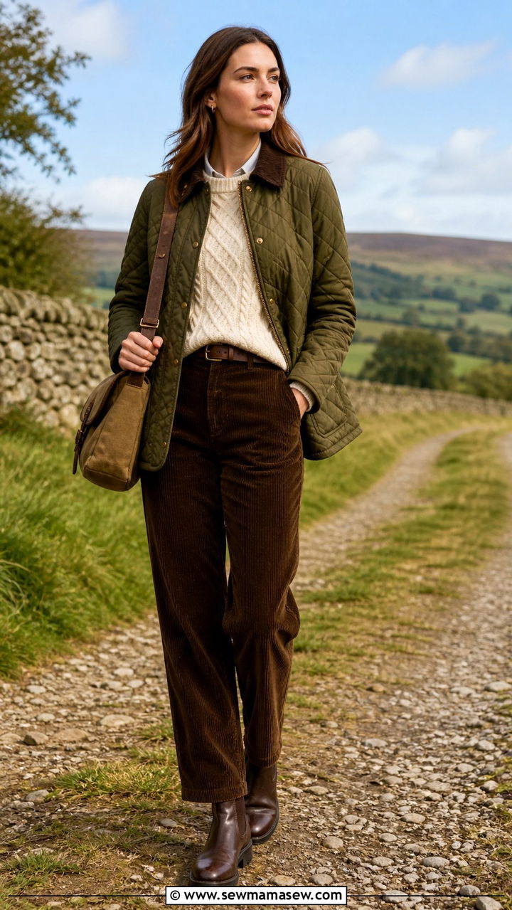 Quilted Jacket With Cable Knit Sweater And Corduroy Trousers - 40 old money outfits