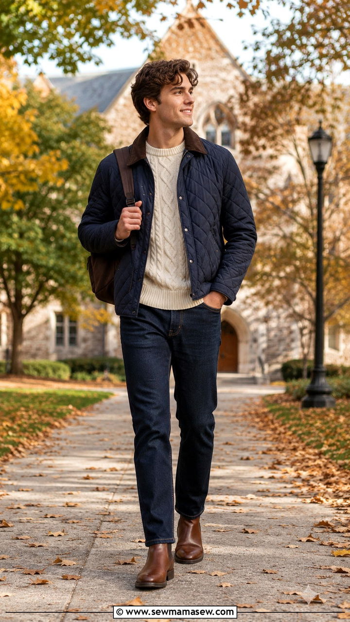 Quilted Jacket With Cable Knit Sweater And Straight Jeans - 30 classy college outfits