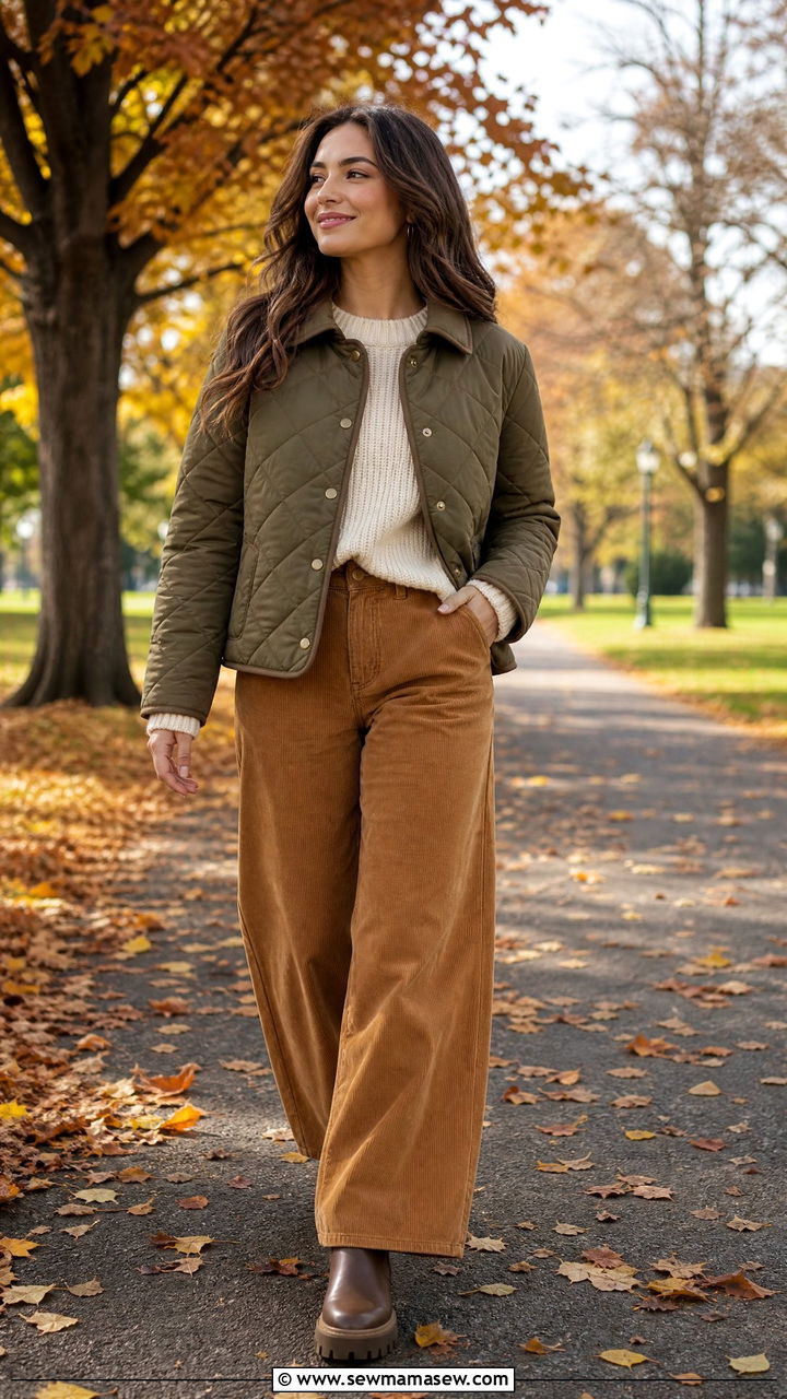 Quilted Jacket With Corduroy Pants - 30 modest classy outfits 2026