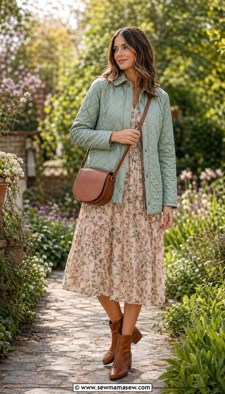 Quilted Jacket With Floral Midi Dress And Ankle Boots - 35 April outfit ideas