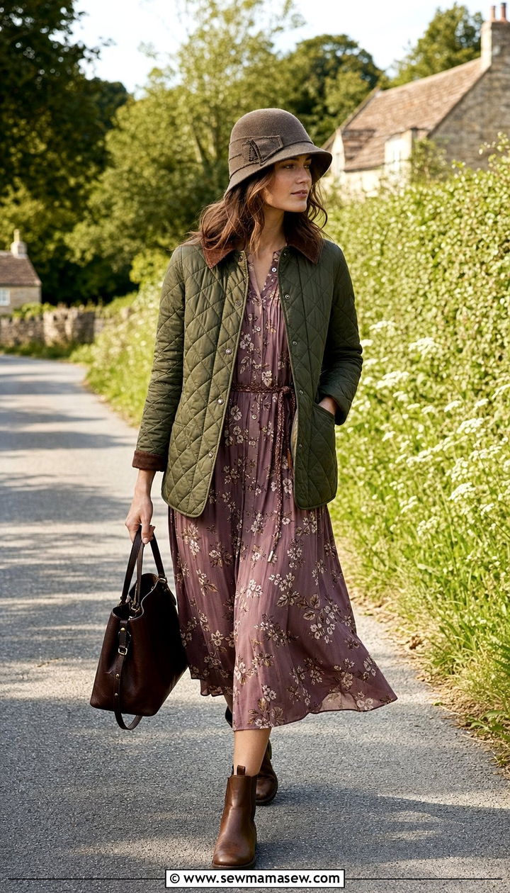 Quilted Jacket With Floral Midi Dress - 25 Cottagecore outfits 2026