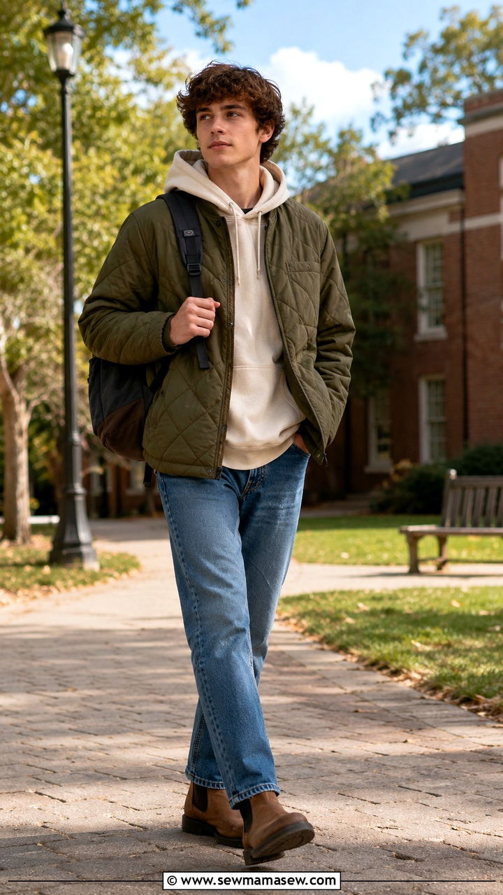 Quilted Jacket With Hoodie and Straight Leg Jeans - 30 Rainy day school outfit ideas