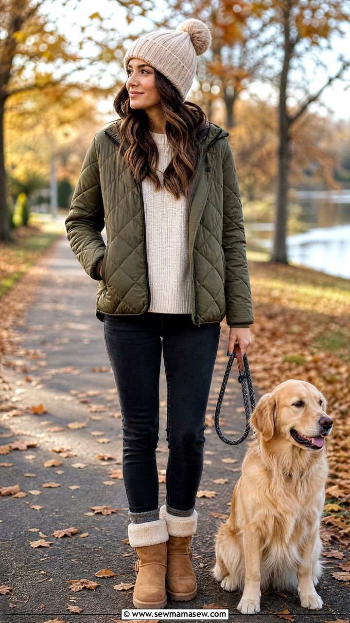 Quilted Jacket With Knit Beanie And Shearling Lined Boots - 35 Hygge outfit ideas