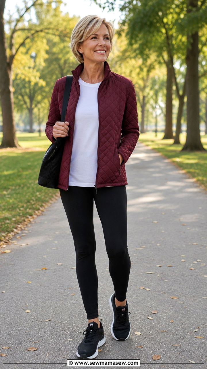 Quilted Jacket With Leggings And Active Tee Over 50 - 30 Outfit ideas for women over 50 sporty chic