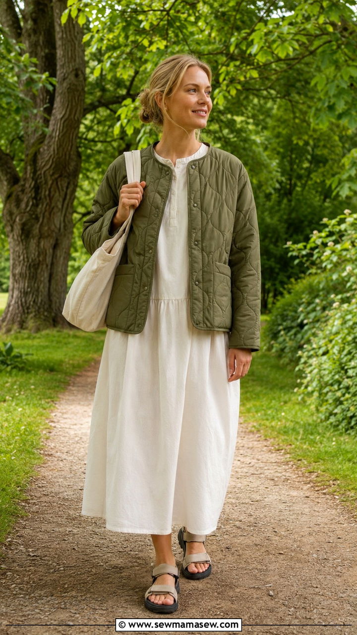 Quilted Jacket With Midi Dress And Chunky Hiking Sandals - 30 Danish outfit ideas