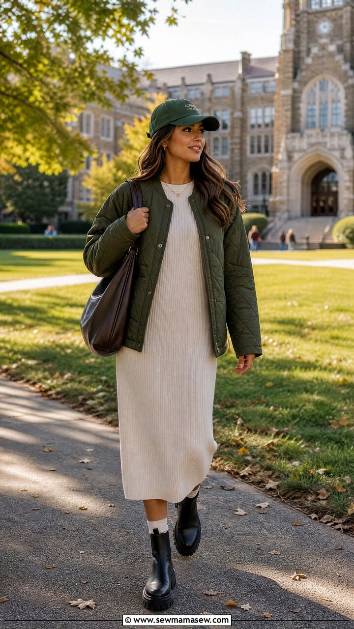 Quilted Jacket With Ribbed Knit Dress Outfit - 30 College outfit ideas trendy 2026