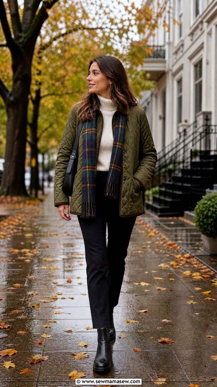 Quilted Jacket With Slim Trousers And Chelsea Boots - 30 Rainy day work outfit ideas