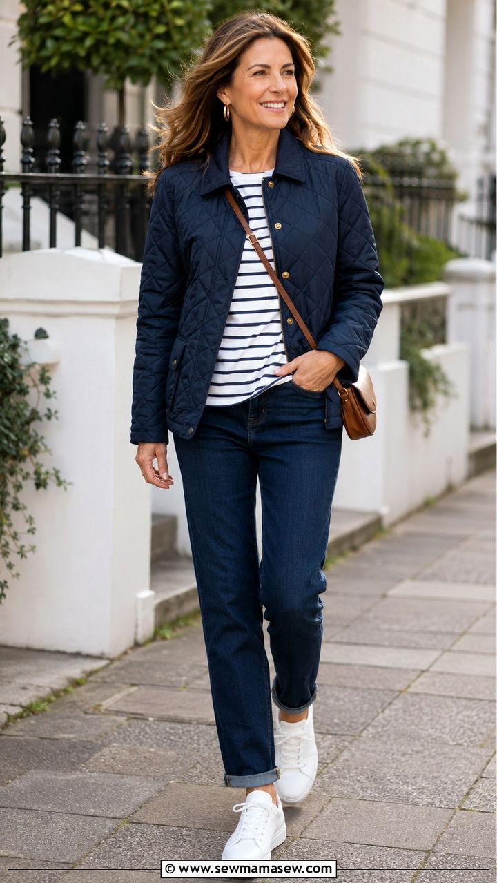 Quilted Jacket With Straight Jeans And Leather Sneakers - 30 Sporty chic outfit ideas for women over 40