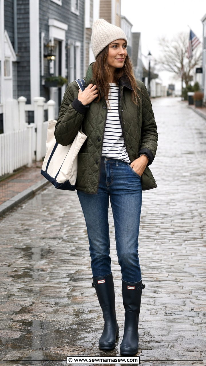 Quilted Jacket With Straight Jeans And Rain Boots - 30 Old money outfit ideas for Nantucket