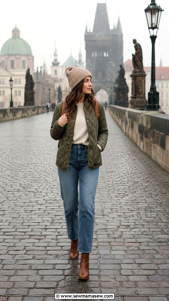 Quilted Jacket With Straight Jeans and Ankle Boots Outfit - 25 Prague outfit ideas