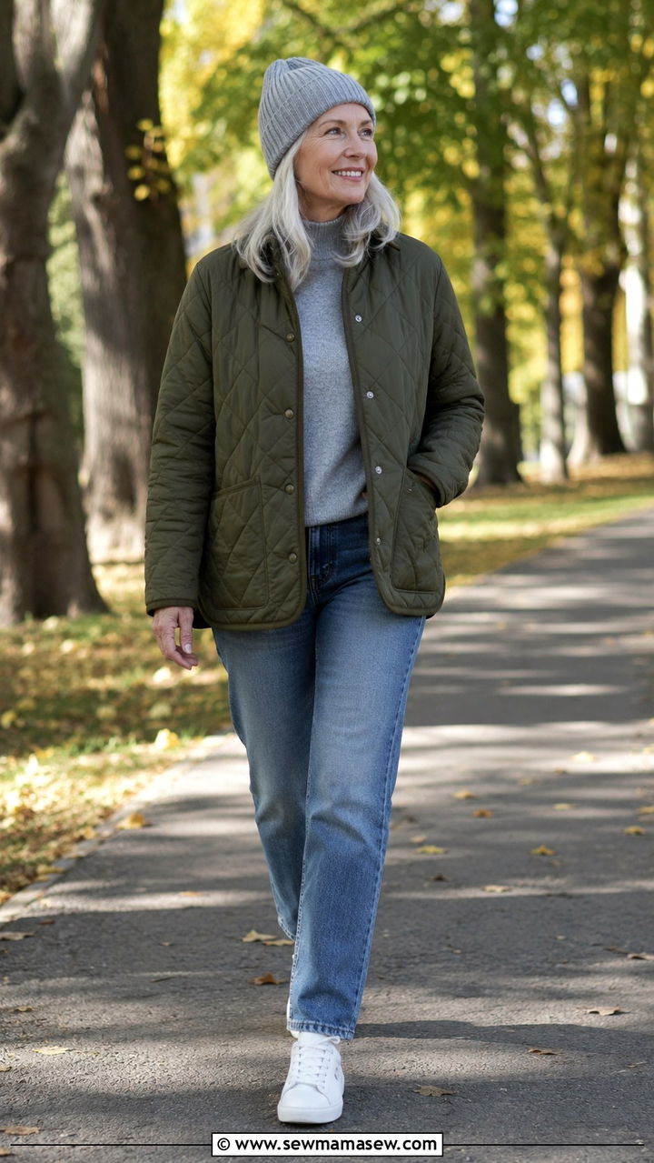 Quilted Jacket With Straight Leg Jeans and Sneakers - 30 Trendy outfit ideas for women over 60