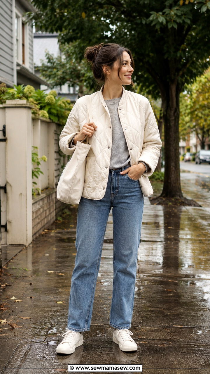 Quilted Jacket With Straight Leg Jeans and Sneakers - 25 rainy day outfits trends