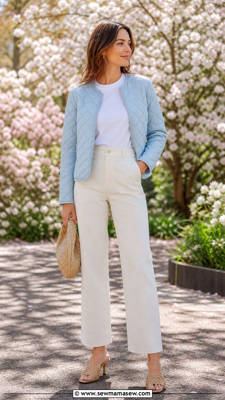 Quilted Jacket With Straight Leg Trousers - 40 Spring wardrobe ideas