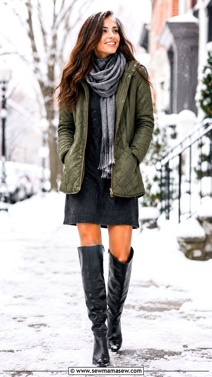 Quilted Jacket With Sweater Dress And Knee High Boots - 30 Outfit ideas for working moms