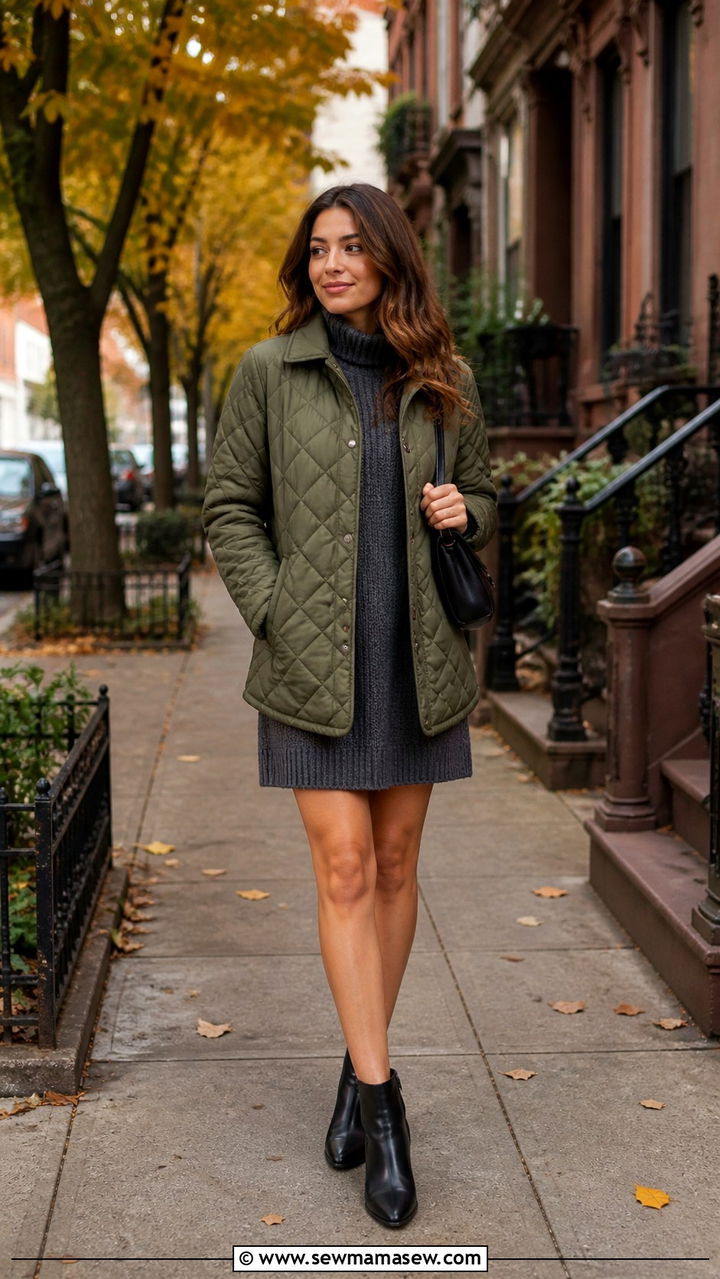 Quilted Jacket With Sweater Dress and Ankle Boots - 40 cute jacket outfits