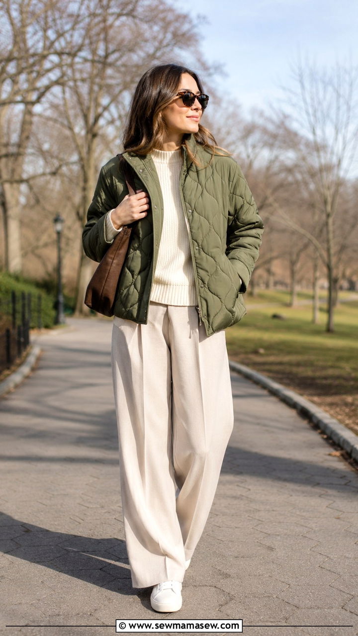 Quilted Jacket With Sweater Wide Leg Trousers and Sneakers - 30 transitional outfits aesthetic