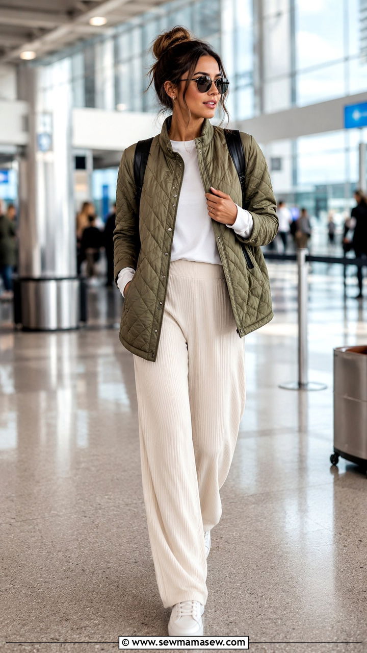 Quilted Jacket With Wide Leg Pants and Sneakers - 25 Airport outfit ideas for cold destination