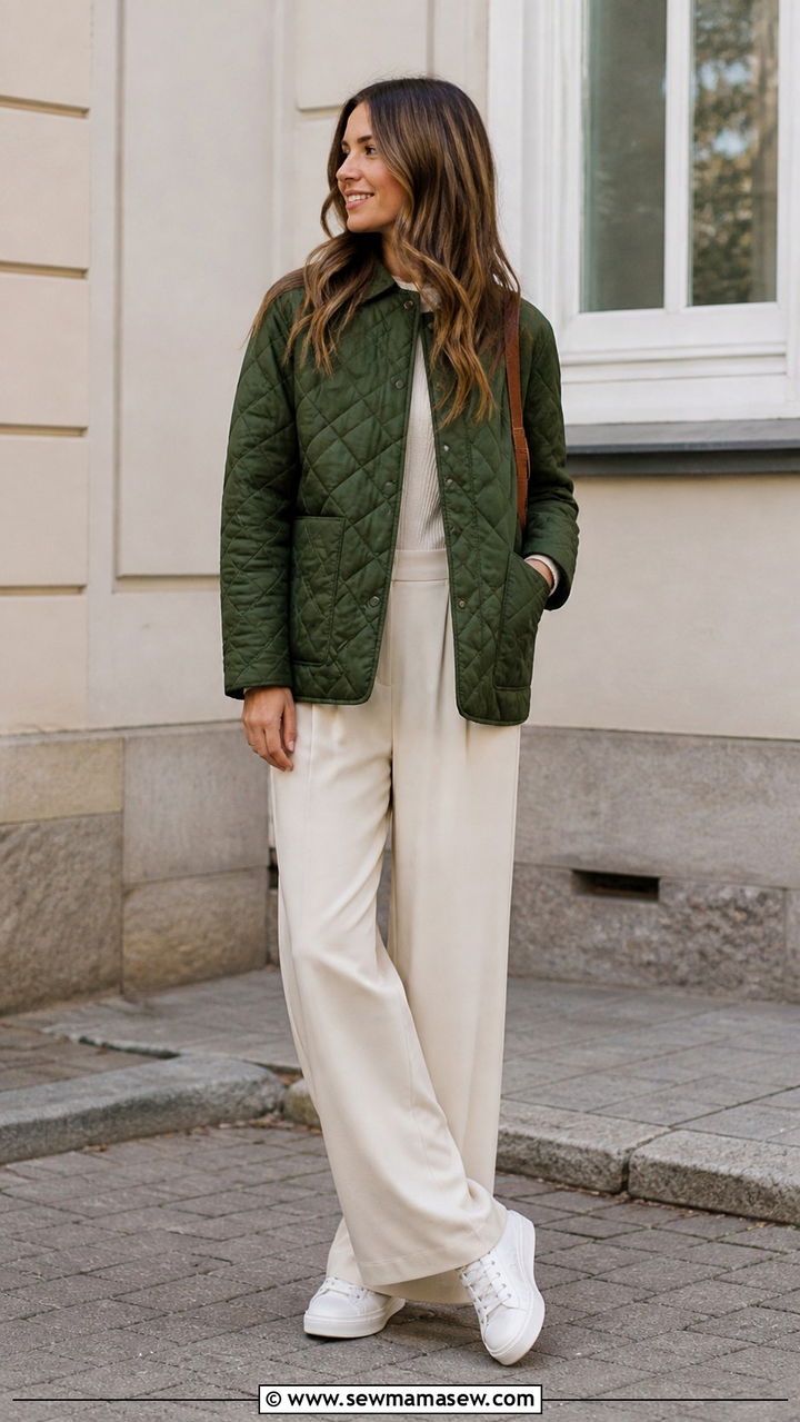 Quilted Jacket With Wide Leg Trousers And Low Top Sneakers - 40 cute sneaker outfits
