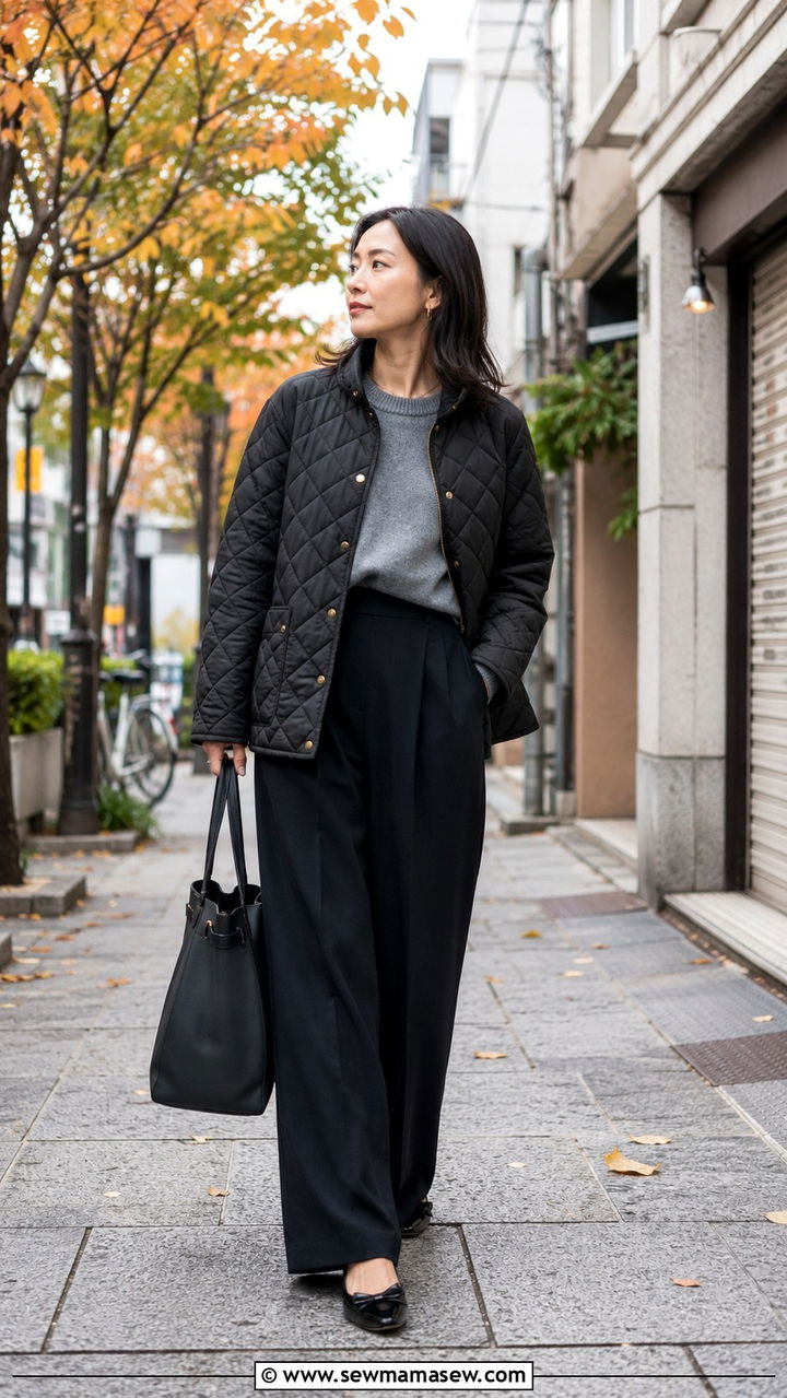 Quilted Jacket With Wide Pants and Flat Mules - 30 Tokyo outfit ideas