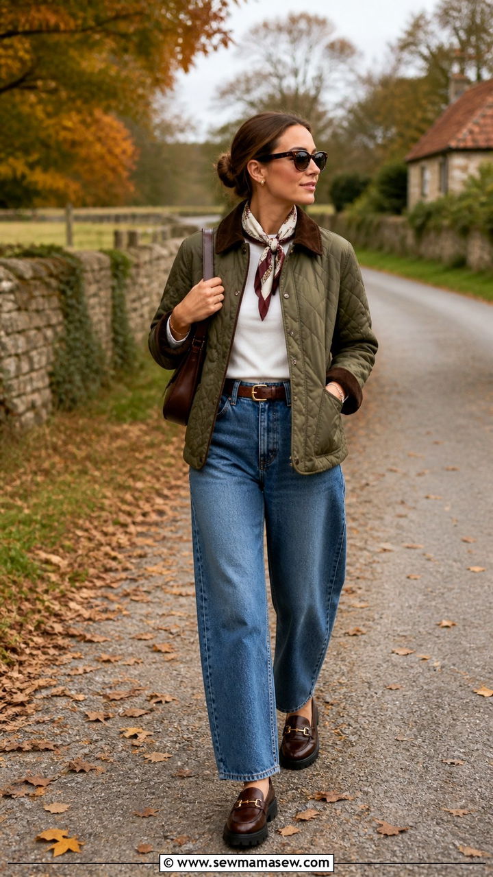 Quilted Jacket and Barrel Leg Jeans Fall Travel Look - 40 travel outfits ideas