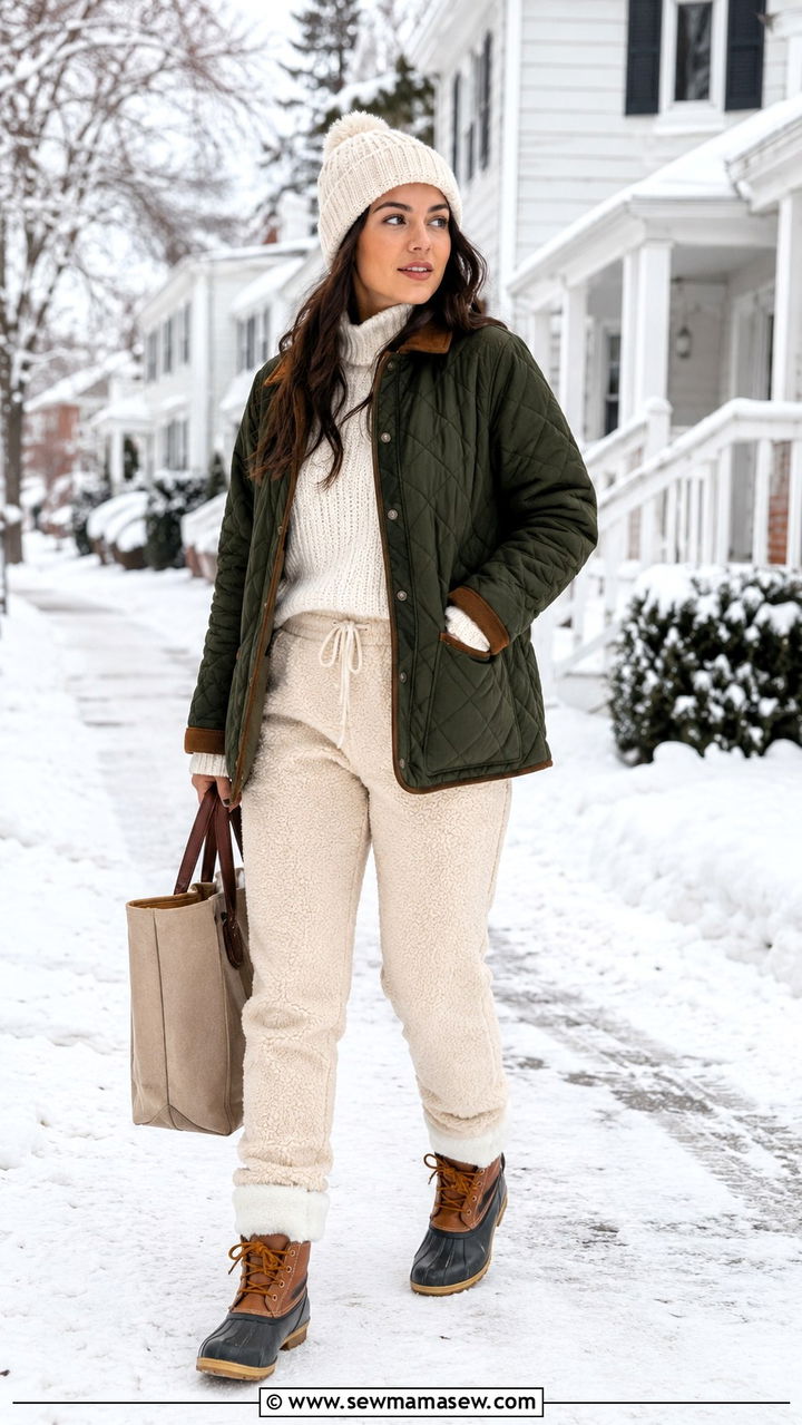 Quilted Jacket and Bean Boots with Sherpa Lined Joggers - 30 joggers outfit ideas for women