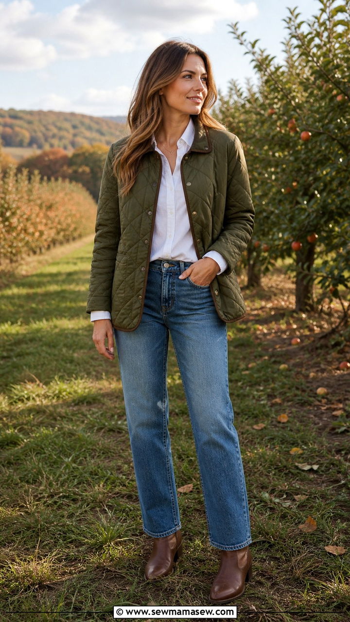 Quilted Jacket with Button Down Shirt and Straight Jeans - 40 transitional outfits