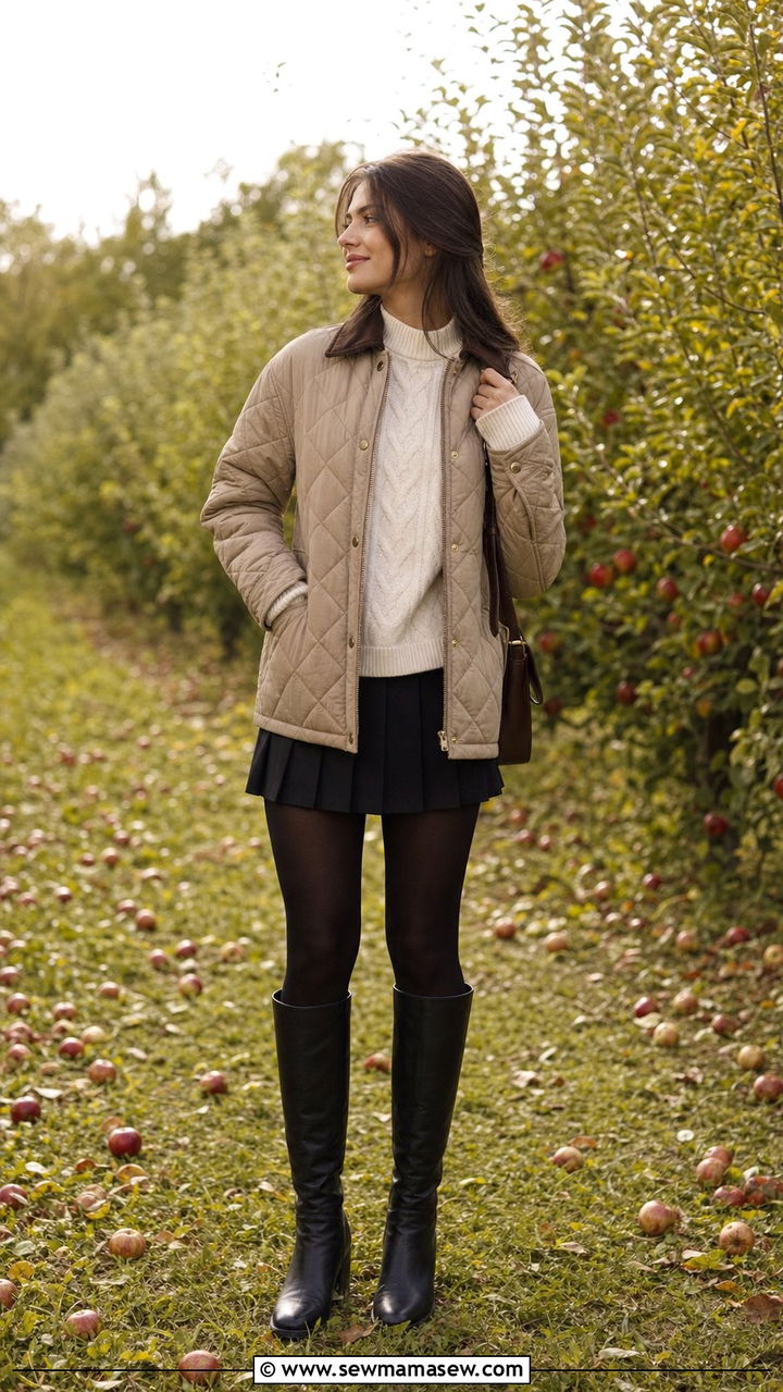 Quilted Jacket with Cable Knit Sweater and Pleated Skirt - 25 cute dark academia outfits