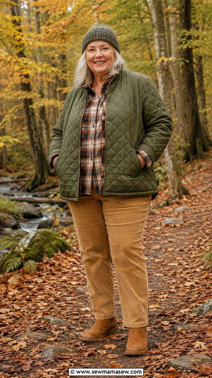Quilted Jacket with Corduroy Pants Outfit - 25 Plus size outfit ideas for women over 70