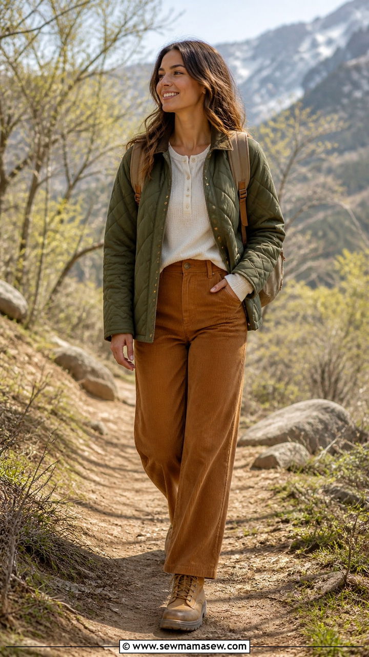 Quilted Jacket with Corduroy Pants and Hiking Boots - 40 Cozy spring outfits