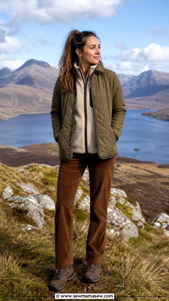 Quilted Jacket with Corduroy Trousers and Hiking Boots - 40 Europe travel outfits