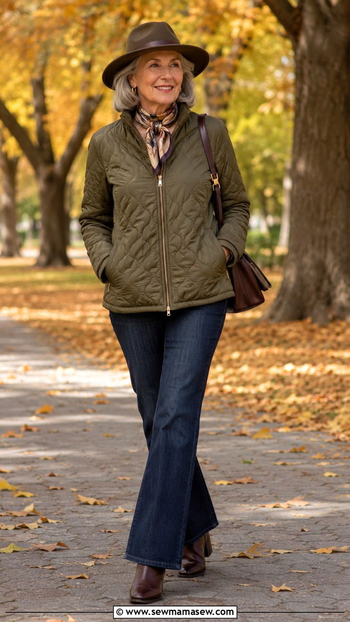 Quilted Jacket with Flared Denim and Ankle Boots Outfit - 30 Chic outfit ideas for women over 60