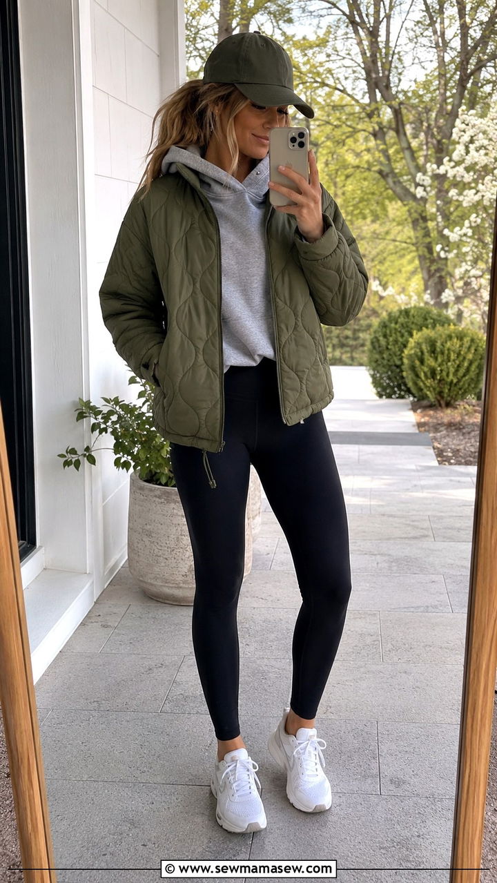 Quilted Jacket with Hoodie and Leggings Outfit - 30 spring transition outfit ideas