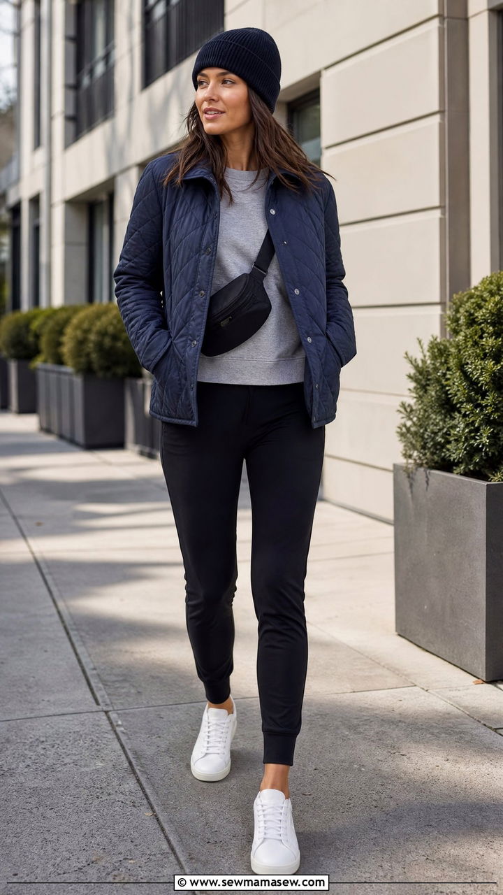 Quilted Jacket with Joggers and White Sneakers - 35 jacket outfits ideas